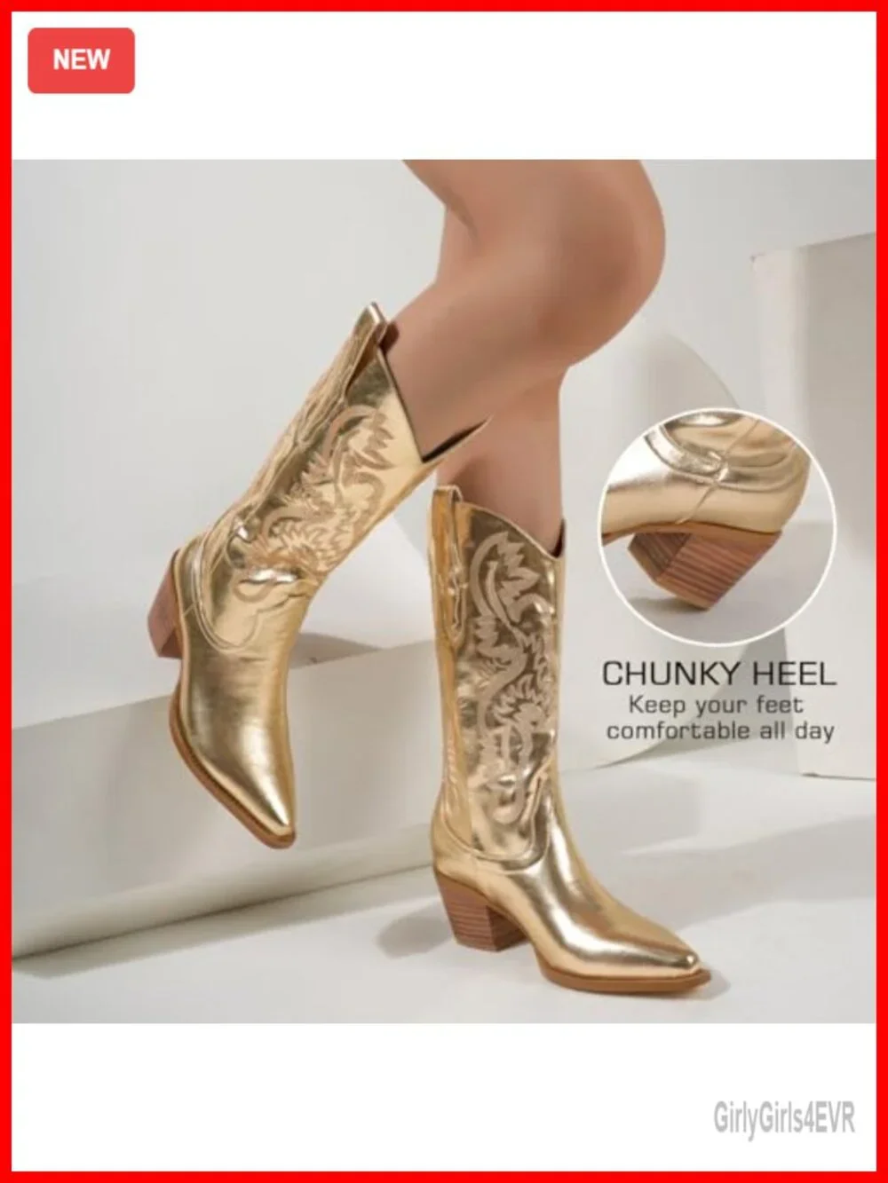 Sparkly Embroidered Cowboy Boots for Women Wide Calf Chunky Heel